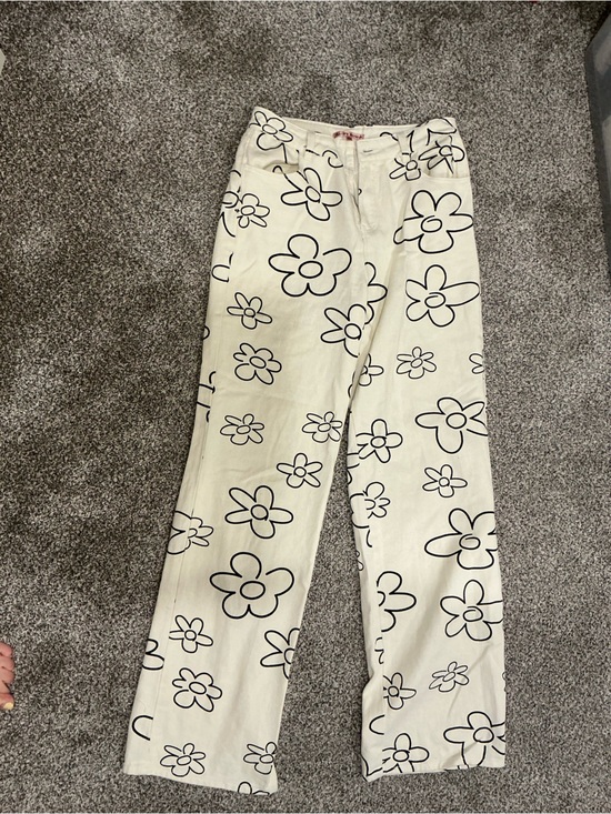 Bailey Rose Denim - Straight Leg Cream Jeans with Black Floral Print